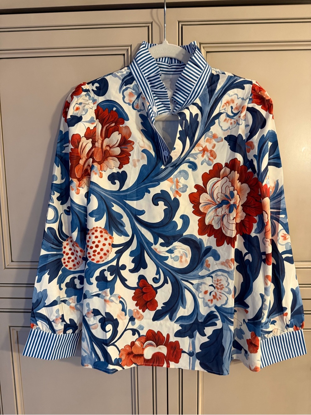 New Fall Floral Stripe V-Neck Long Sleeve Ruffle Collar Blouse Shirt Top Small